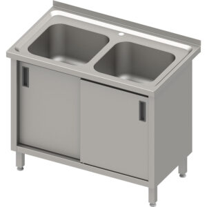 Stół ze zlewem 2-komorowym, drzwi suwane, blat tłoczony | Stalgast