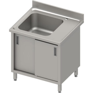 Stół ze zlewem 1-komorowym (L), drzwi suwane, blat tłoczony, rant puszkowy 100x15x10 | Stalgast