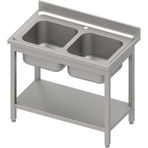 Stół ze zlewem 2-komorowym, z półką, skręcany, blat tłoczony, rant puszkowy 100x15x10 | Stalgast