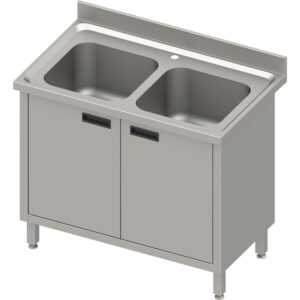 Stół ze zlewem 2-komorowym, drzwi skrzydłowe, blat tłoczony, rant puszkowy 100x15x10 | Stalgast