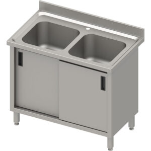 Stół ze zlewem 2-komorowym, drzwi suwane, blat tłoczony, rant puszkowy 100x15x10 | Stalgast