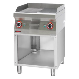 Płyta grillowa 1/2gł. + 1/2ryf. chromowana 600 mm 8kW na podstawie szafkowej otwartej | Kromet 700.PBE-600GR.S