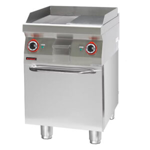 Płyta grillowa 1/2gł. + 1/2ryf. chromowana 600 mm 8kW na podstawie szafkowej zamkniętej | Kromet 700.PBE-600GR.S.D