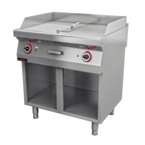 Płyta grillowa 1/2gł. + 1/2ryf. chromowana 800 mm 9,6kW na podstawie szafkowej otwartej | Kromet 700.PBE-800GR.S