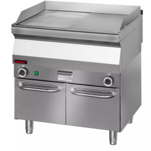 Płyta grillowa 1/2gł. + 1/2ryf. chromowana 800 mm 9,6kW na podstawie szafkowej zamkniętej | Kromet 700.PBE-800GR.S.D